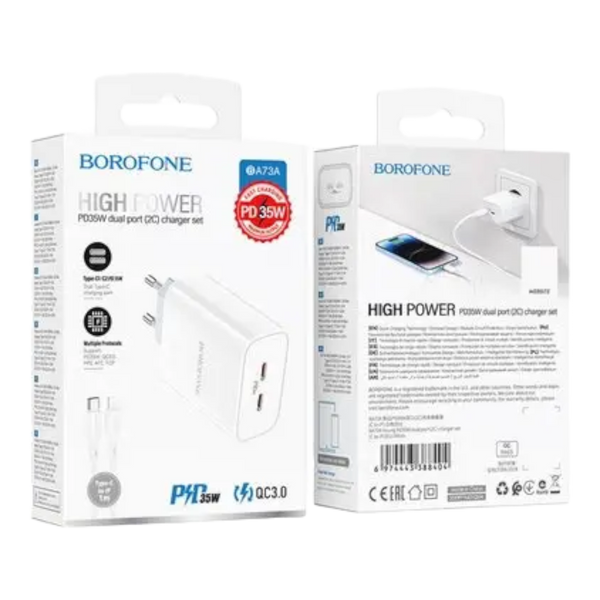 МЗП Borofone BA73A Young PD35W dual port (2 USB-C) + Cable Lightning белый 00000002342 фото