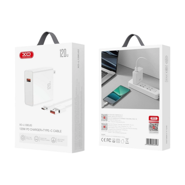МЗП XO L128 (EU) 120W USB-A fast charging charger with Type-C cable Білий 00000007262 фото
